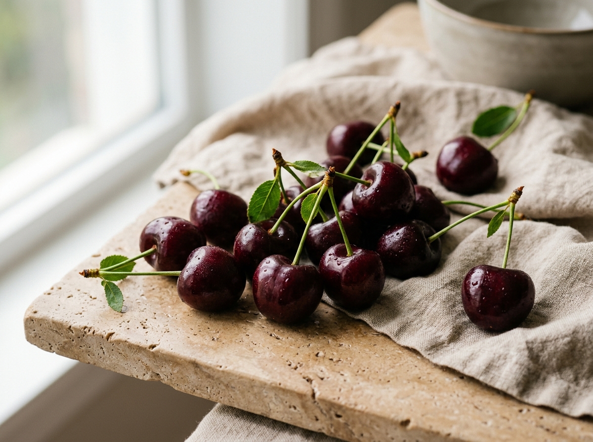 Freshly harvested CERALIA cherries on stone slab and linen