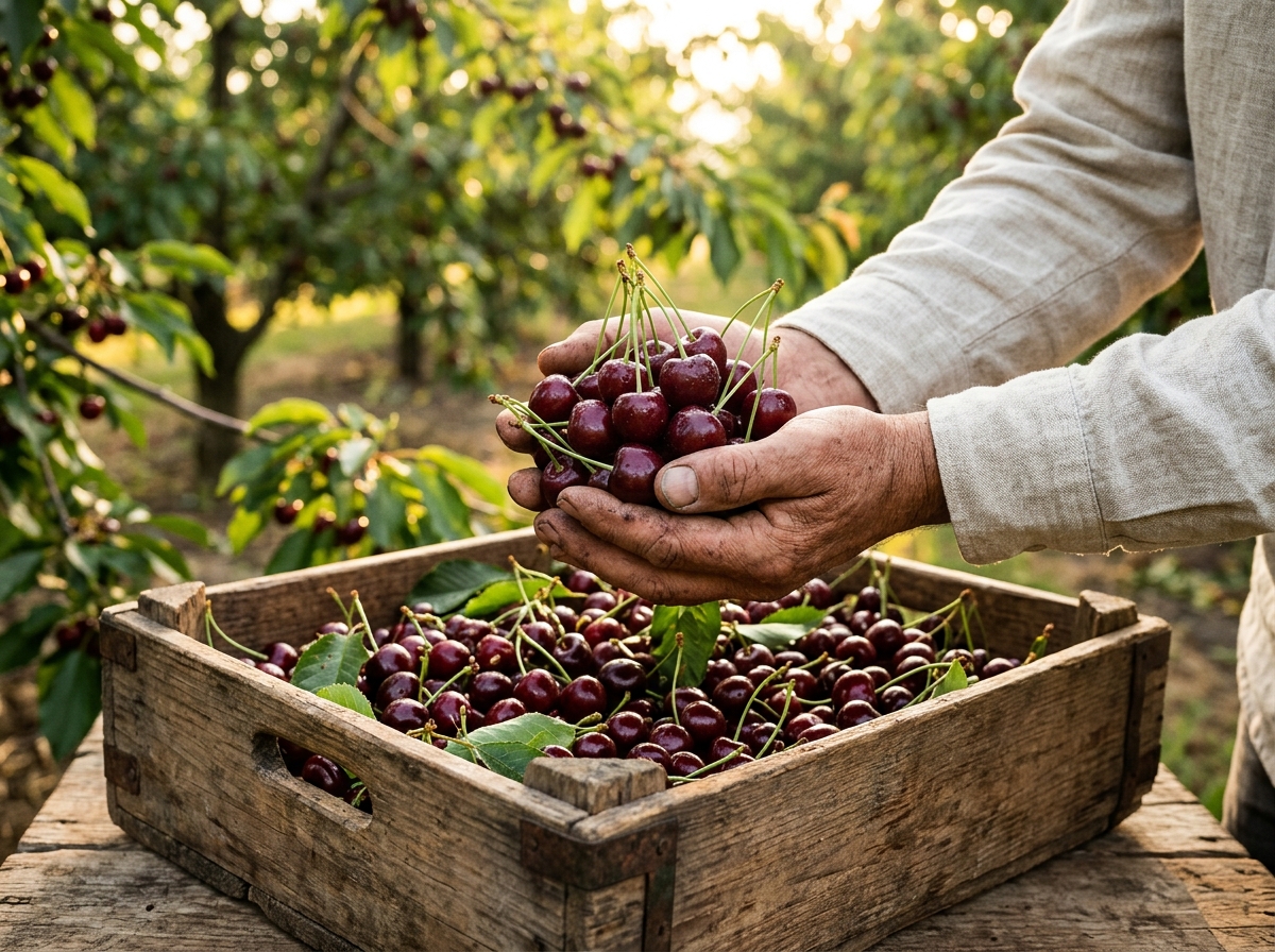 Hand-harvested cherries in rustic wooden crates
