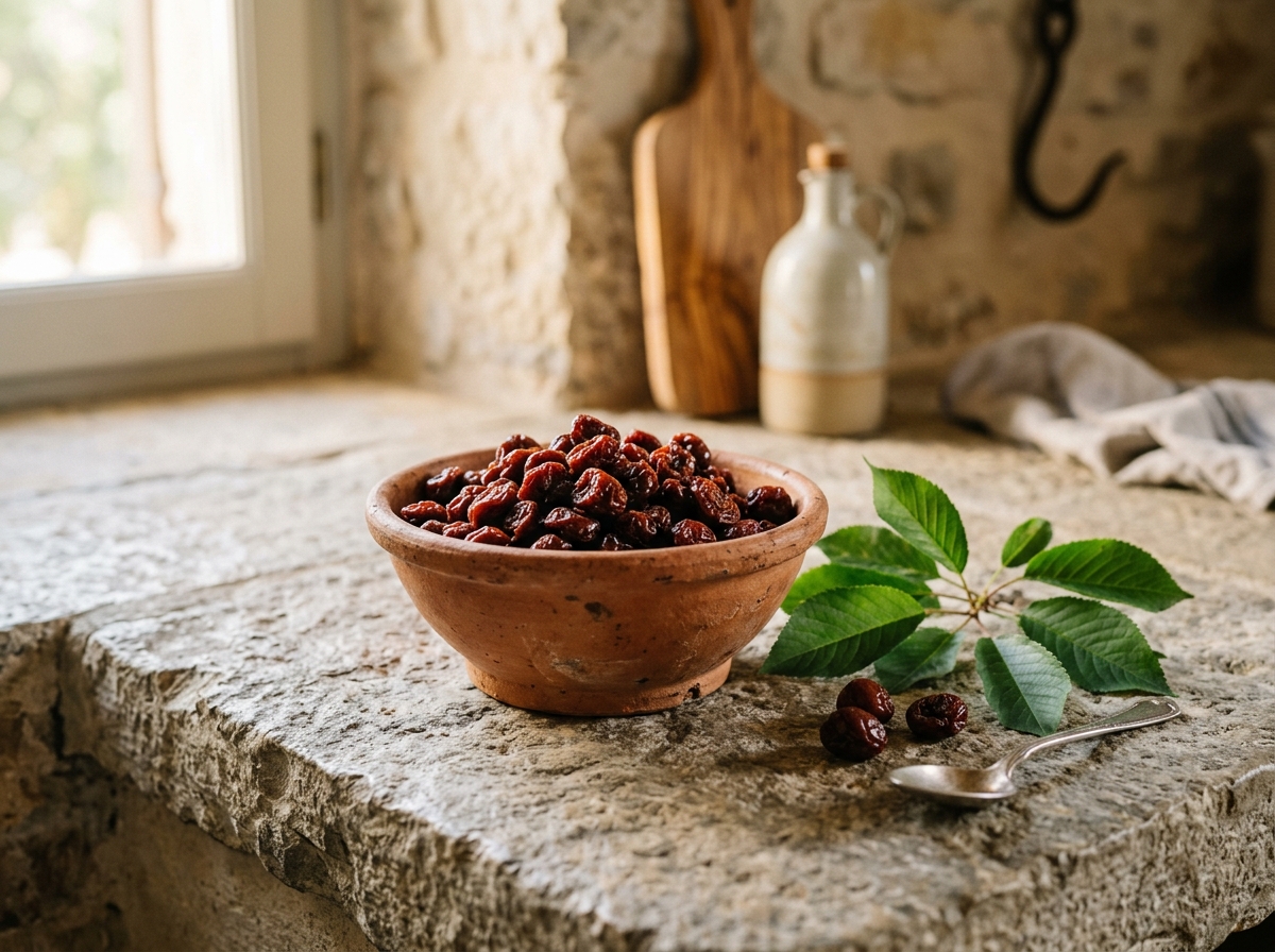 Artisanal dried cherries in terracotta bowl