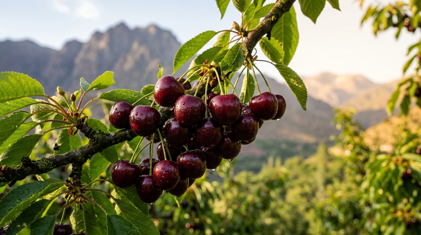 Ripe deep burgundy cherries on an orchard branch against the Atlas Mountains