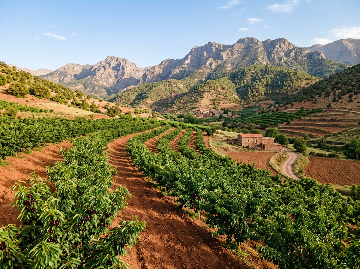 Lush cherry orchard terraces in Naour under the Atlas mountain peaks